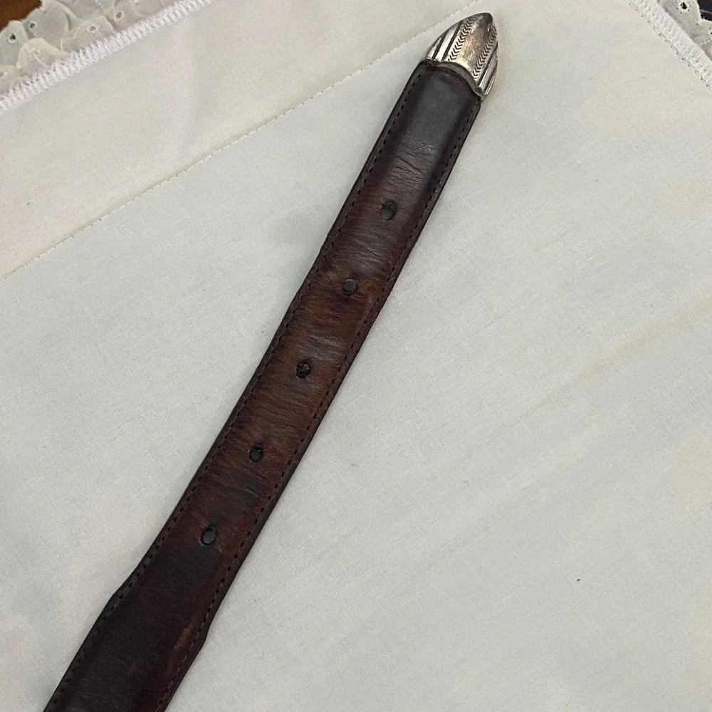 AML 3000 VTG Brown Top Grain Oil Tan Leather Golf Belt Silver Tone Concho Sz 36